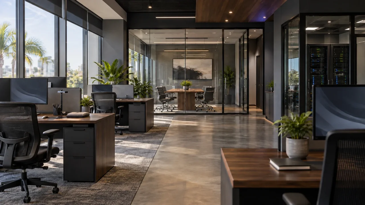 Illustrative business workspace with connected computers
